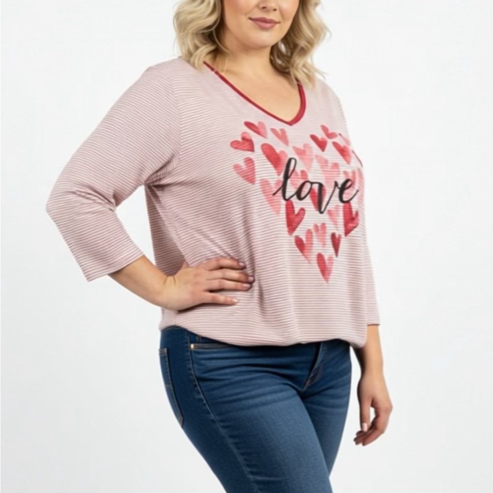 Avenue Pink Heart Love 3/4 Sleeve Top